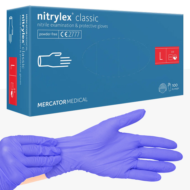 Рукавички нітрилові оглядові нестерильні неприпудрені Mercator Nitrylex® Classic, розмір L